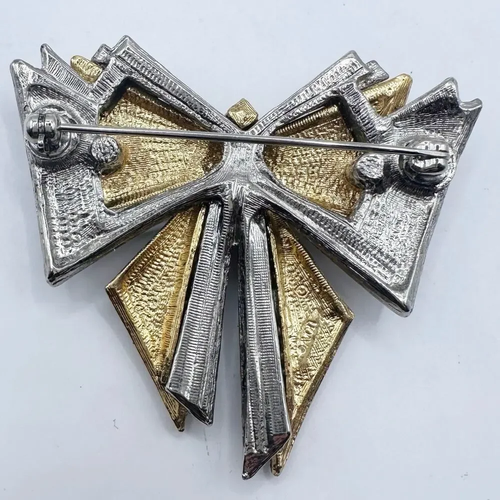 Avon Vintage Bow Pin 1995 Stylepoints Silver Goldtone Art Deco Holiday Brooch